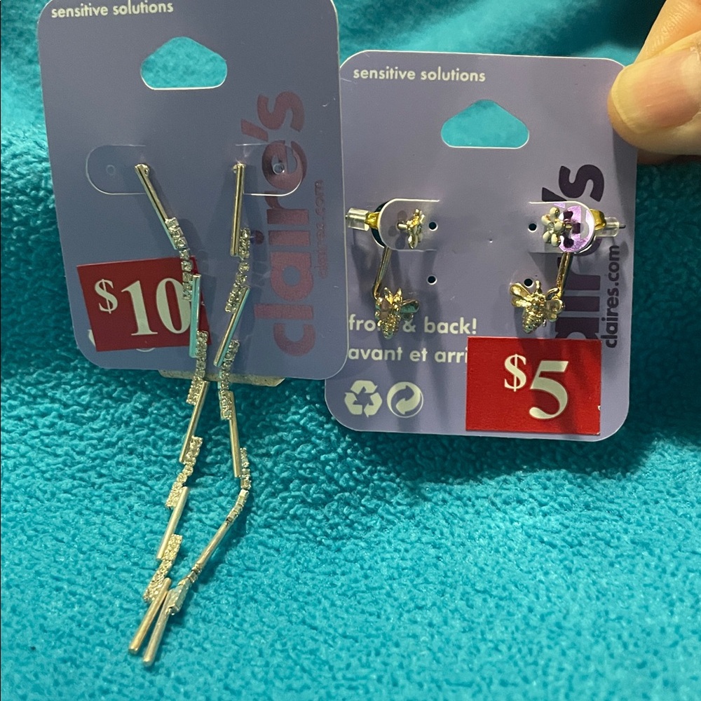 2/$20 Claire's Long Silver & Stone Dangle Earrings & Bee and Flower Earrings NWT